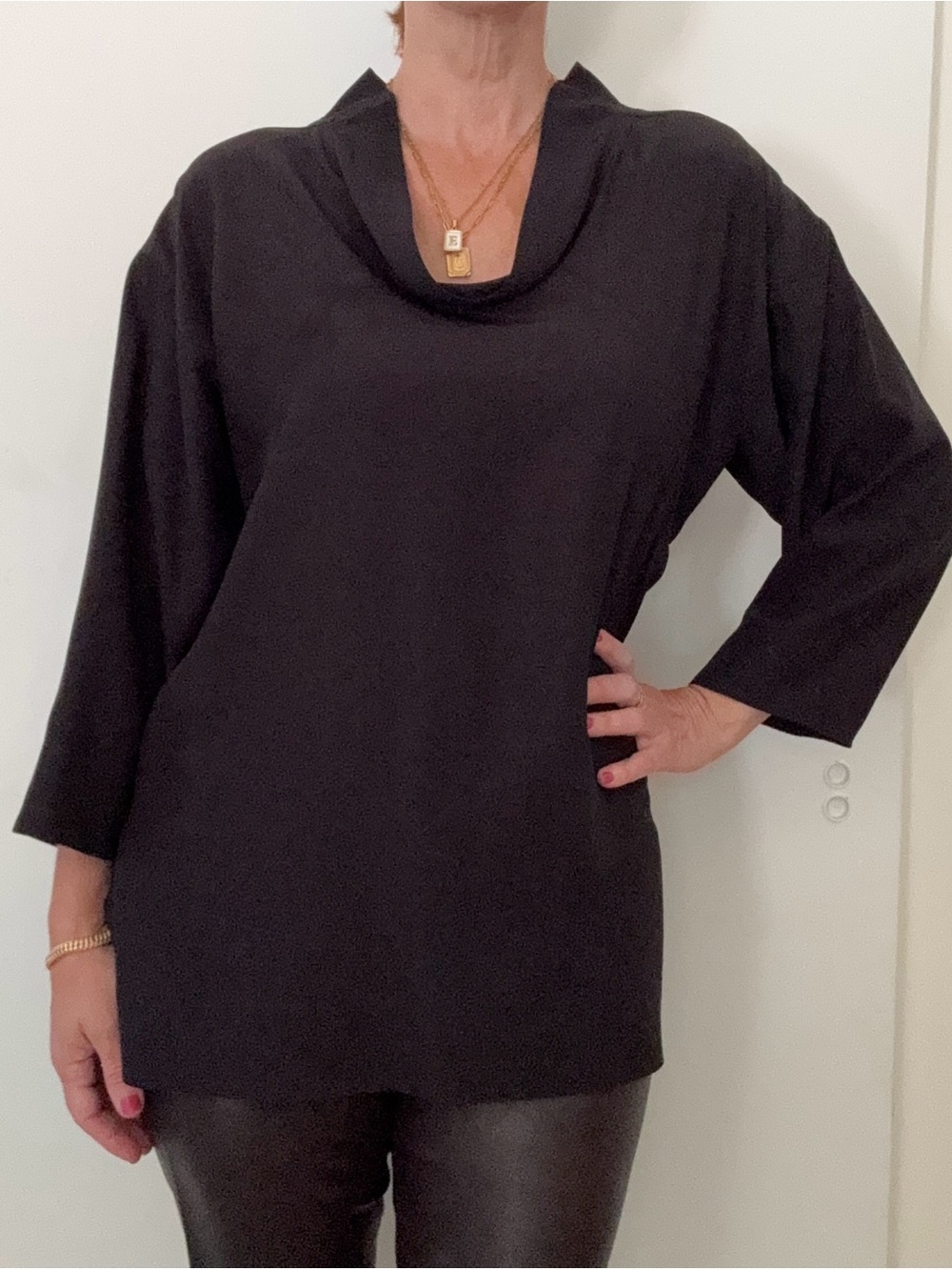 Jil Sander Black Silk Relaxed Roll Cowl Scoop Neck Tunic Blouse 3/4 Sleeve
